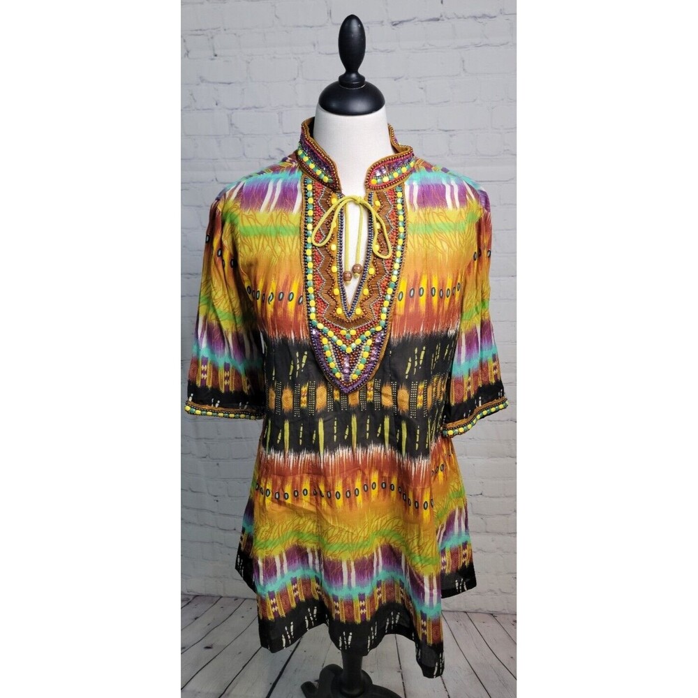 KEY LIME & PINK beaded Embellish Multicolor tunic V Neck Blouse Size Med Boho